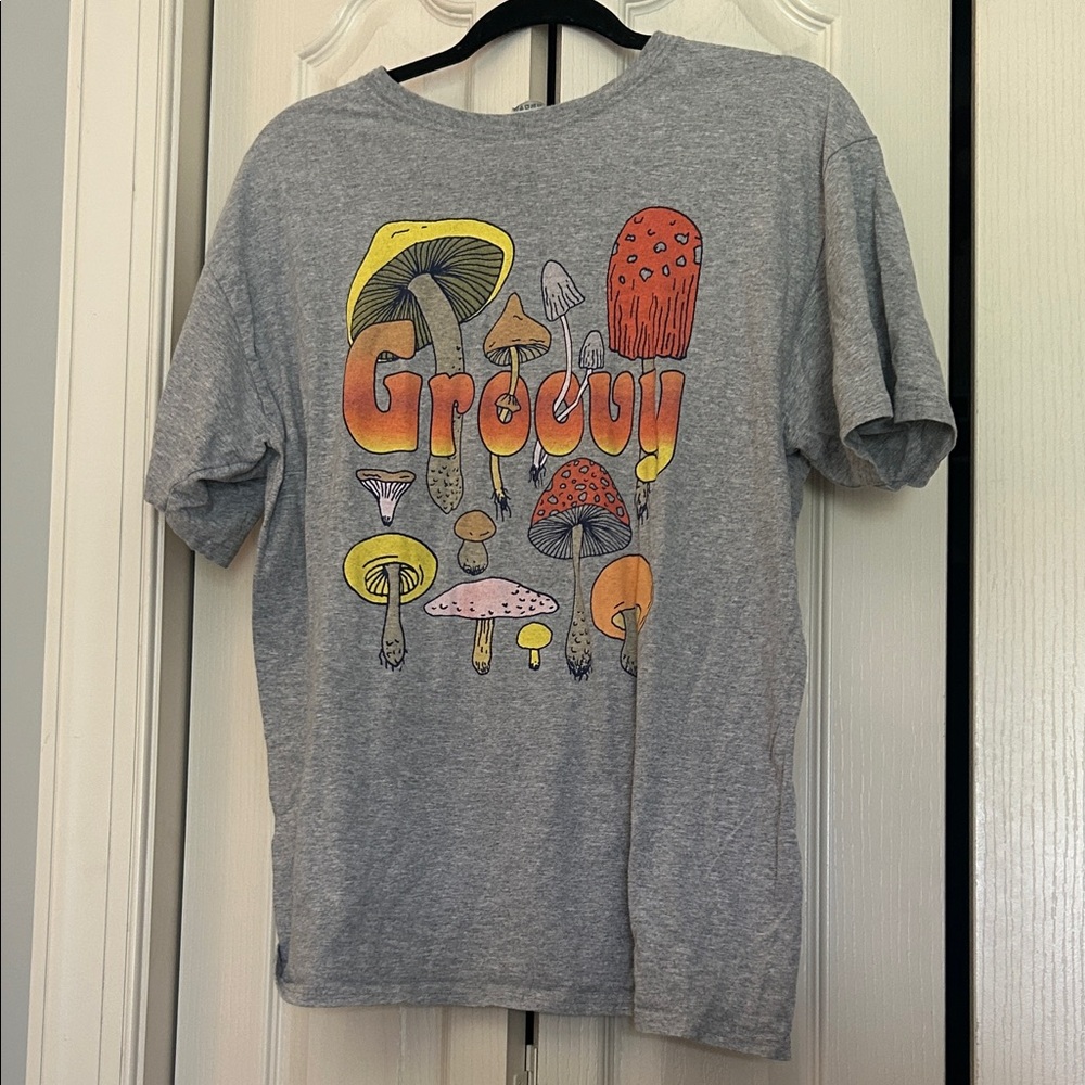 Groovy Gray T-Shirt with Mushroom Print